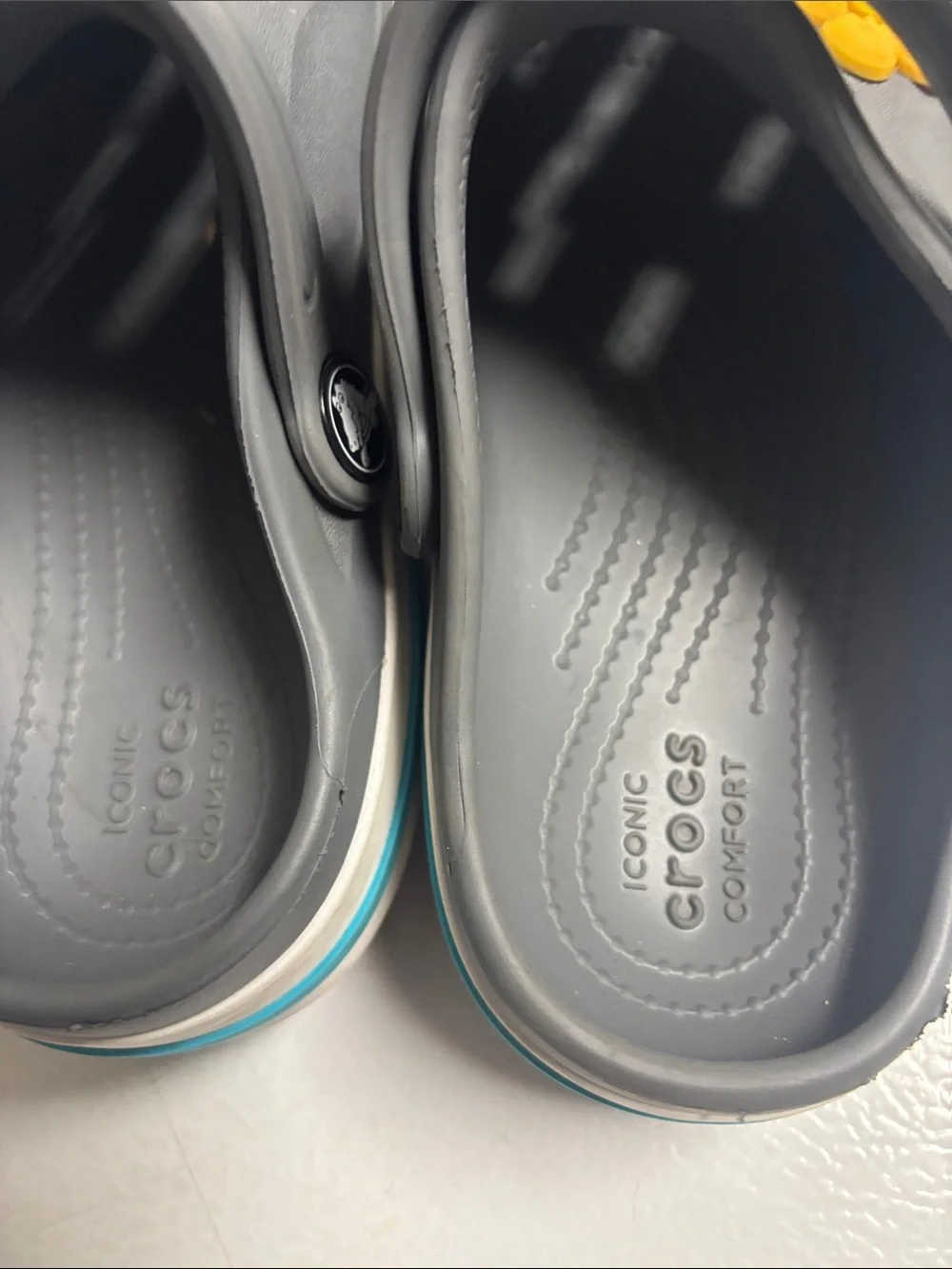 CROCS Kids' Gray Clog with Teal Accent and Fun Jibbitz